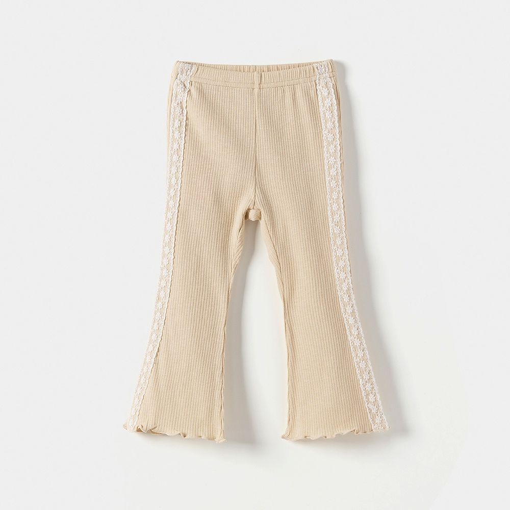 鬆緊腰蕾絲繡鑲邊彈力小喇叭褲-米杏