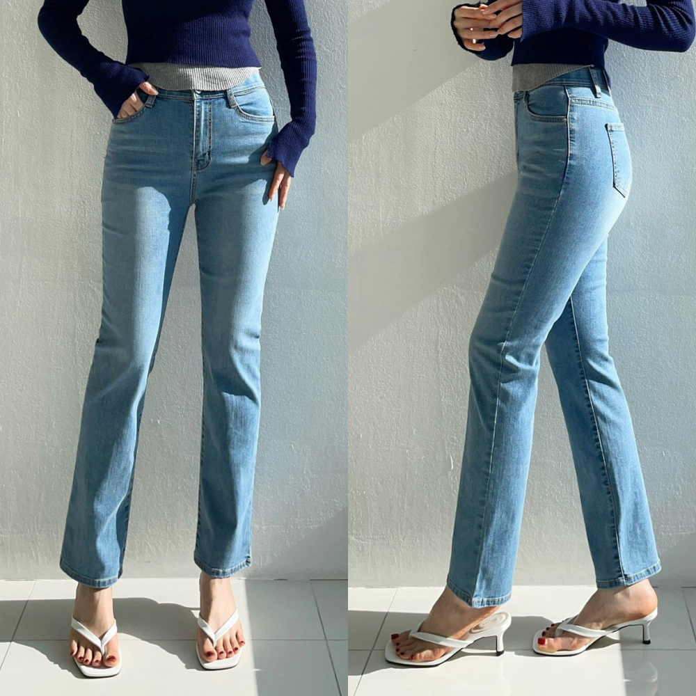 Howluk 彈性腰直腿彈力丹寧褲-淺藍