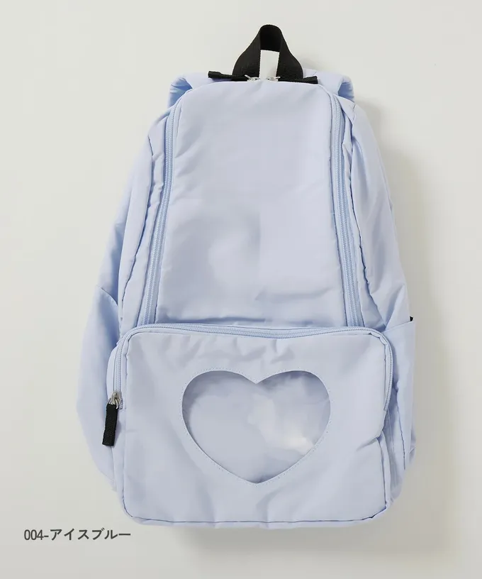 日本 devirock - 心型透明窗(娃包口袋)輕巧大容量後背包-附鏡子-冰藍