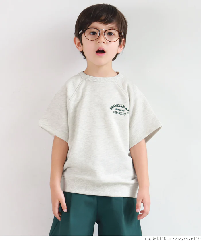 日本 COCA - LOGO刺繡落肩寬鬆百搭短T-孩子-石墨灰