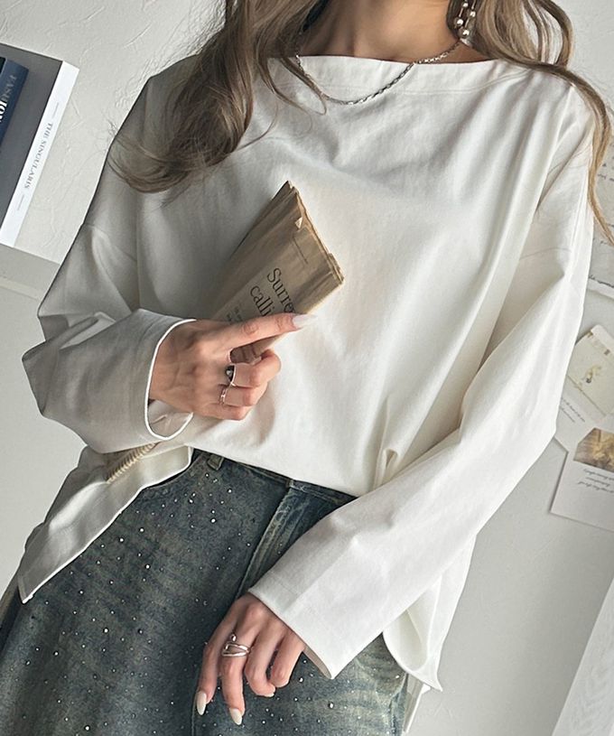日本 Classical Elf - 一字領寬鬆落肩長袖T恤-米白