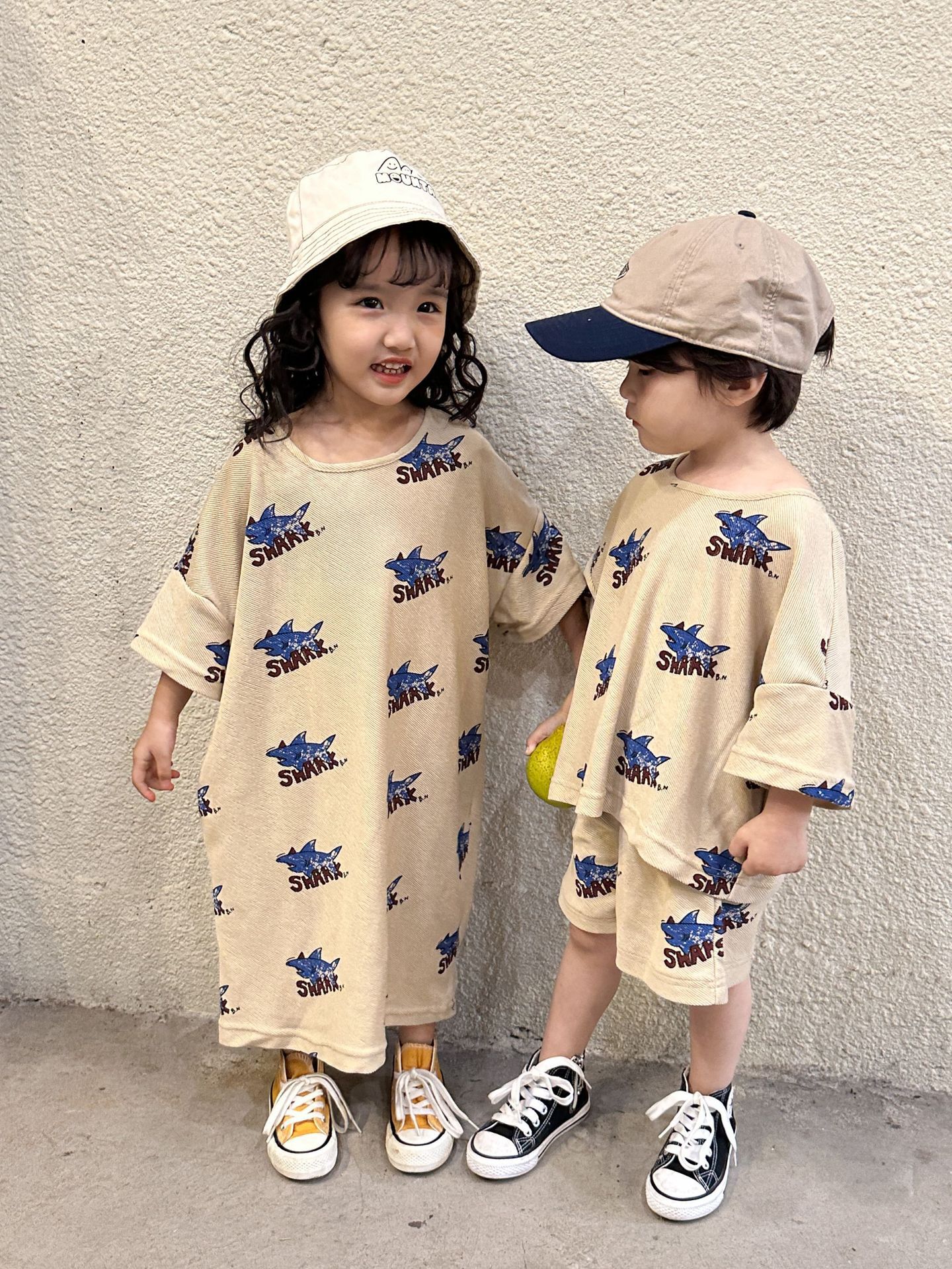 棉質圓領七分袖連身裙-鯊魚-卡其色