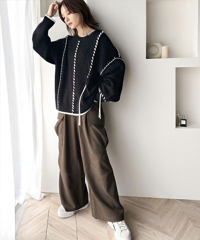 日本 Classical Elf - 2way跳色毛線編織寬鬆長版毛衣-摩卡