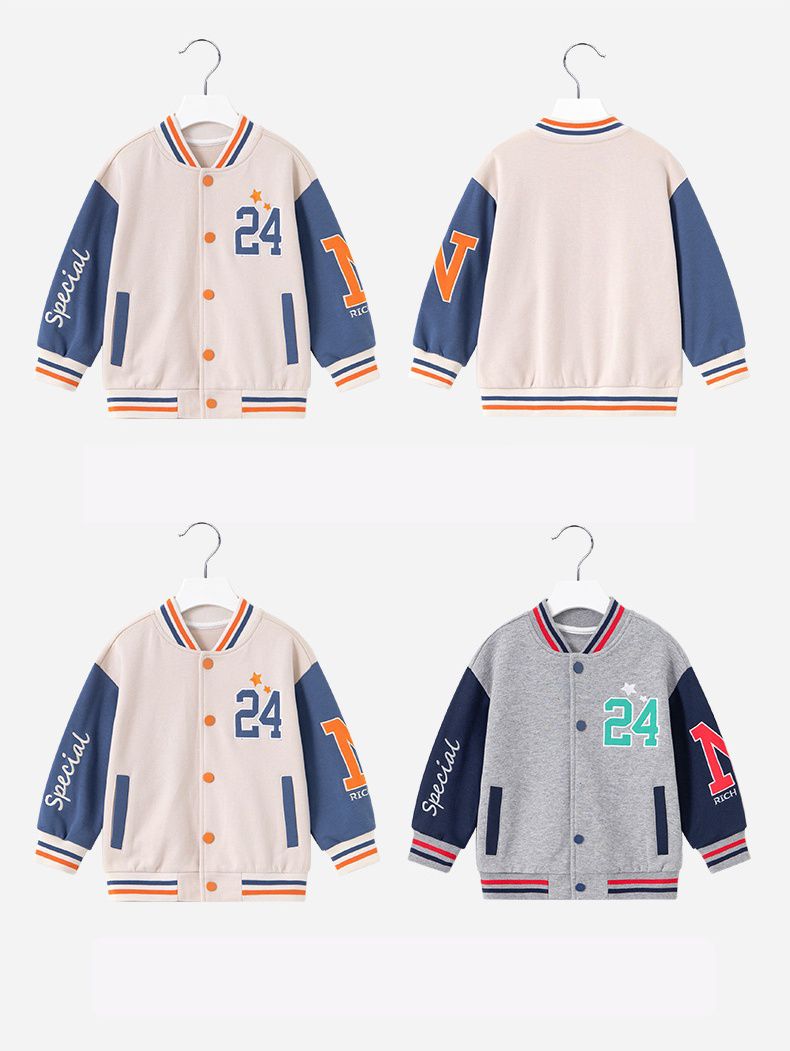 童趣拼色棒球外套-數字24-霧藍+杏