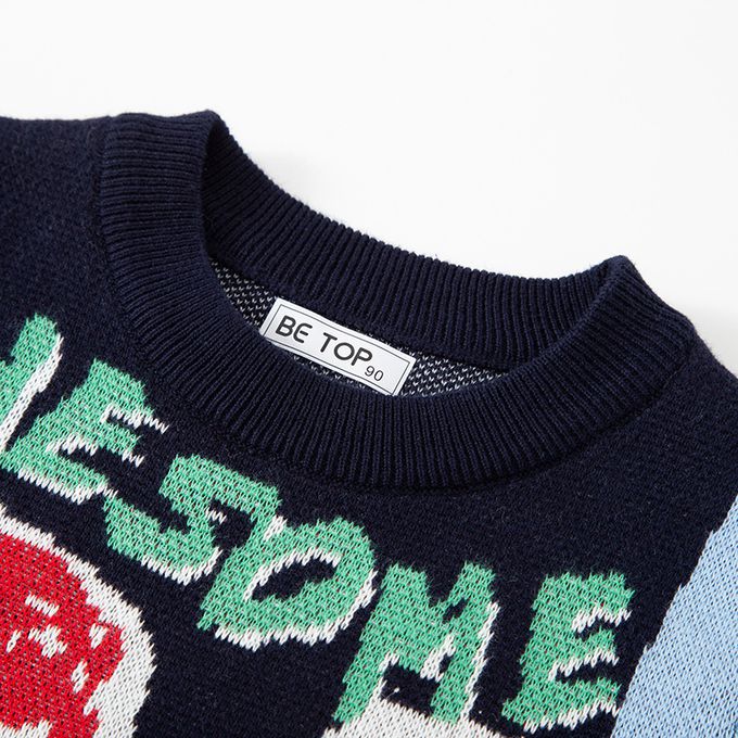 純棉圓領針織長袖上衣-抽象風恐龍-深藍+藍