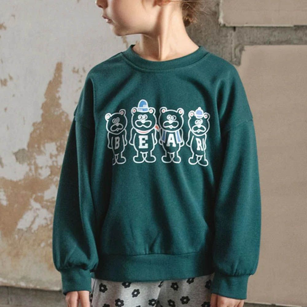 百搭印花縮口長袖上衣-四隻熊熊-墨綠