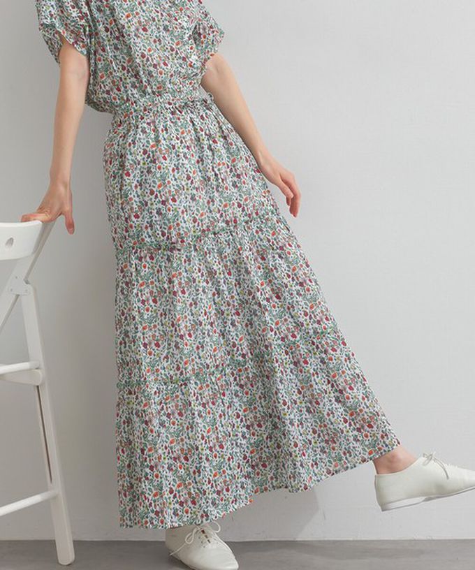 日本 Lupilien - 100%印度棉 華奢滿版印花分層長裙-白系