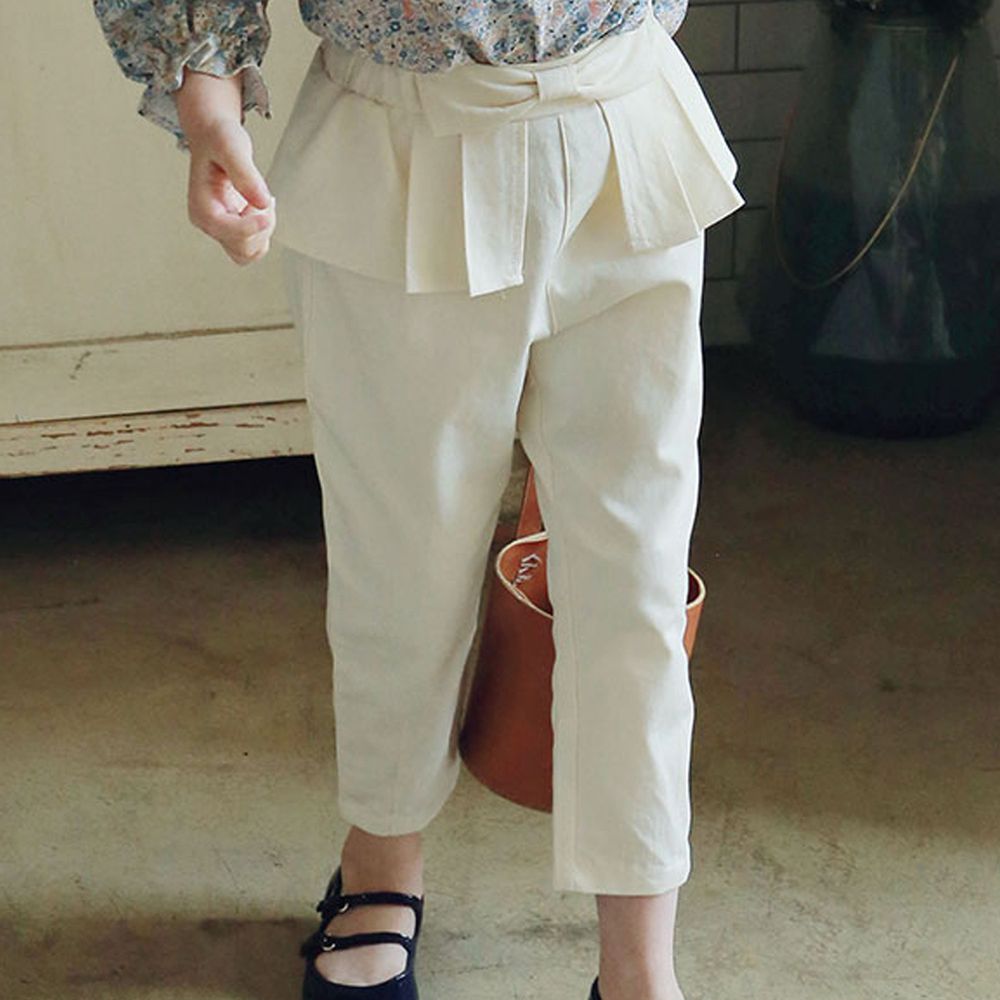韓國 PuellaFLO - 蝴蝶結打褶裝飾修身長褲-米白