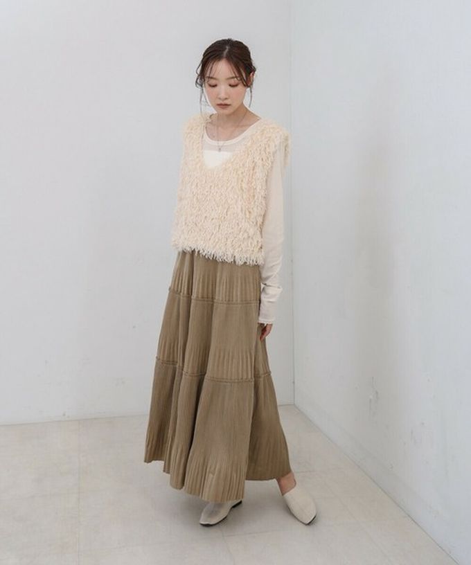 日本 Bab - 飄逸感絲滑絨面細摺長裙-卡其棕