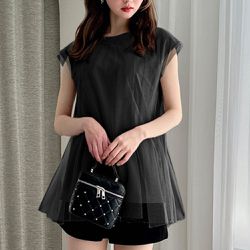 日本 GRL - 甜美薄紗層次法式袖上衣-黑 (F)