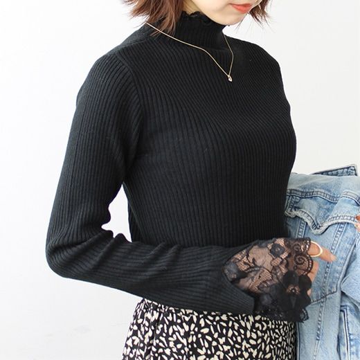 日本 BELLUNA - 優雅蕾絲拼接羅紋針織上衣-沙杏