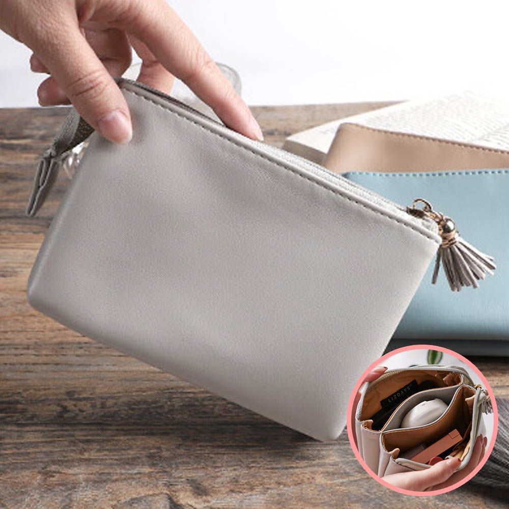 三層式收納力流蘇化妝包-淺灰