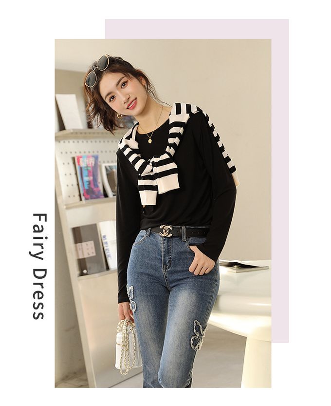 圓領寬鬆素色長袖上衣-紫色 (F)