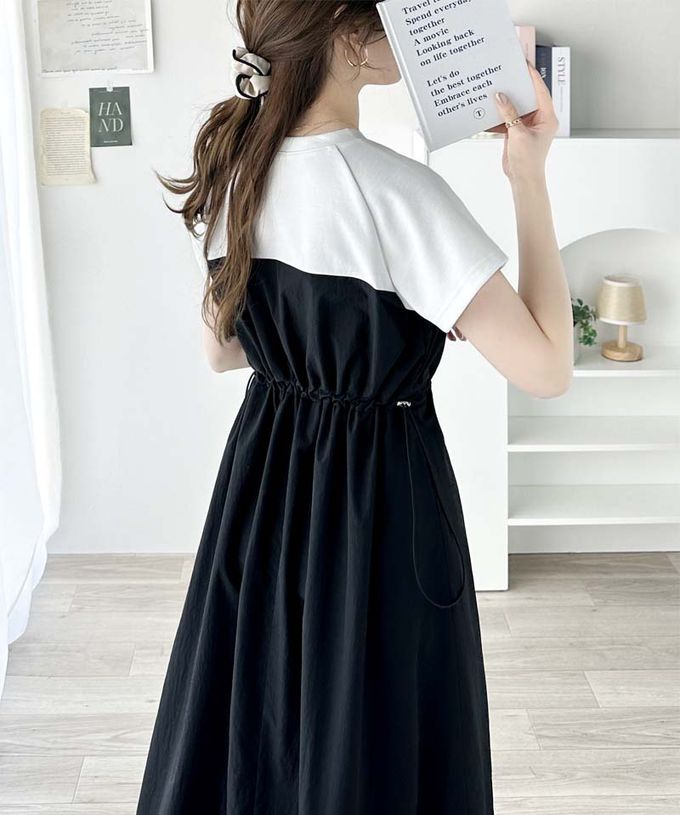 日本 Classical Elf - 法式袖拼接縮腰抽繩洋裝-黑x白