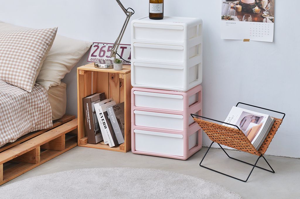 PICKup - 三層內衣/襪子分格抽屜收納櫃(2低1高抽)-DIY-粉紅