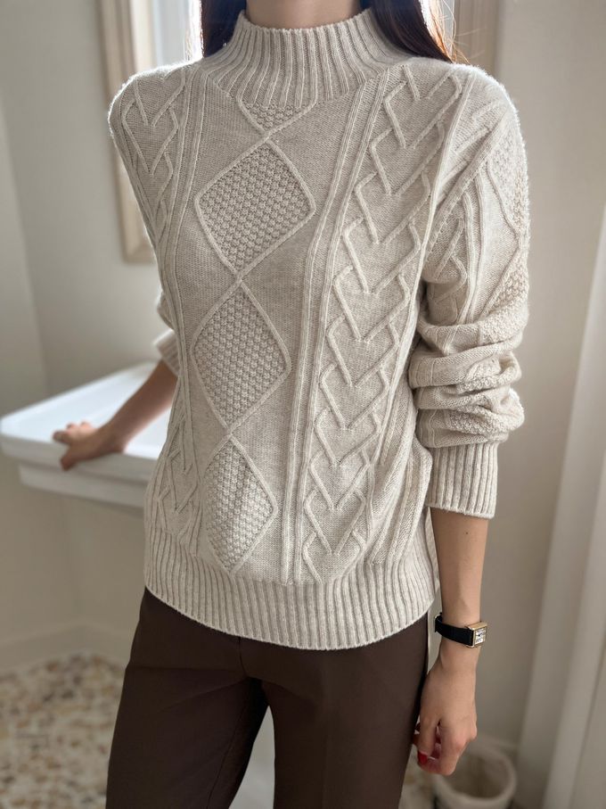 韓國女裝連線 - 立體紋路中領針織長袖上衣-燕麥米 (FREE)