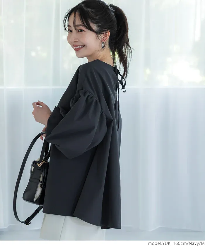 日本 COCA - 經典浪漫圓領澎澎袖上衣-深藍