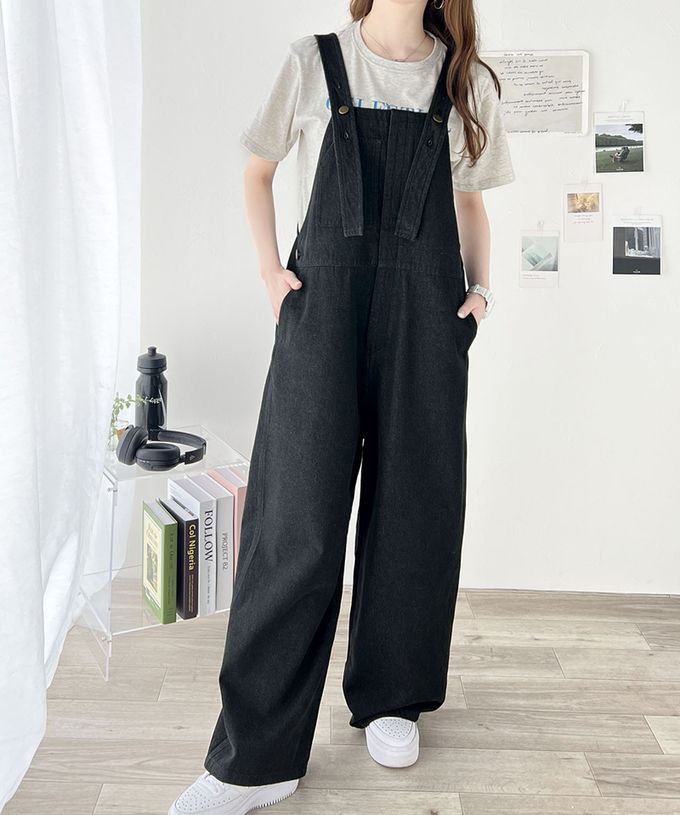 日本 Classical Elf - 純棉廓形丹寧風吊帶褲-側圓扣-象牙