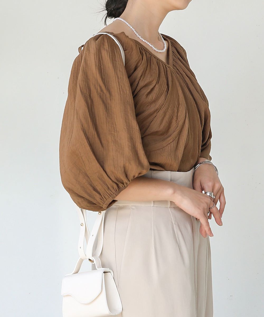 日本 Bab - 嫘縈後綁帶氣球袖上衣-咖啡