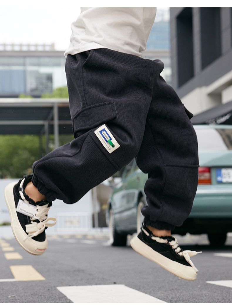 加絨腰鬆緊休閒工裝保暖長褲-小小標籤-奶咖啡色