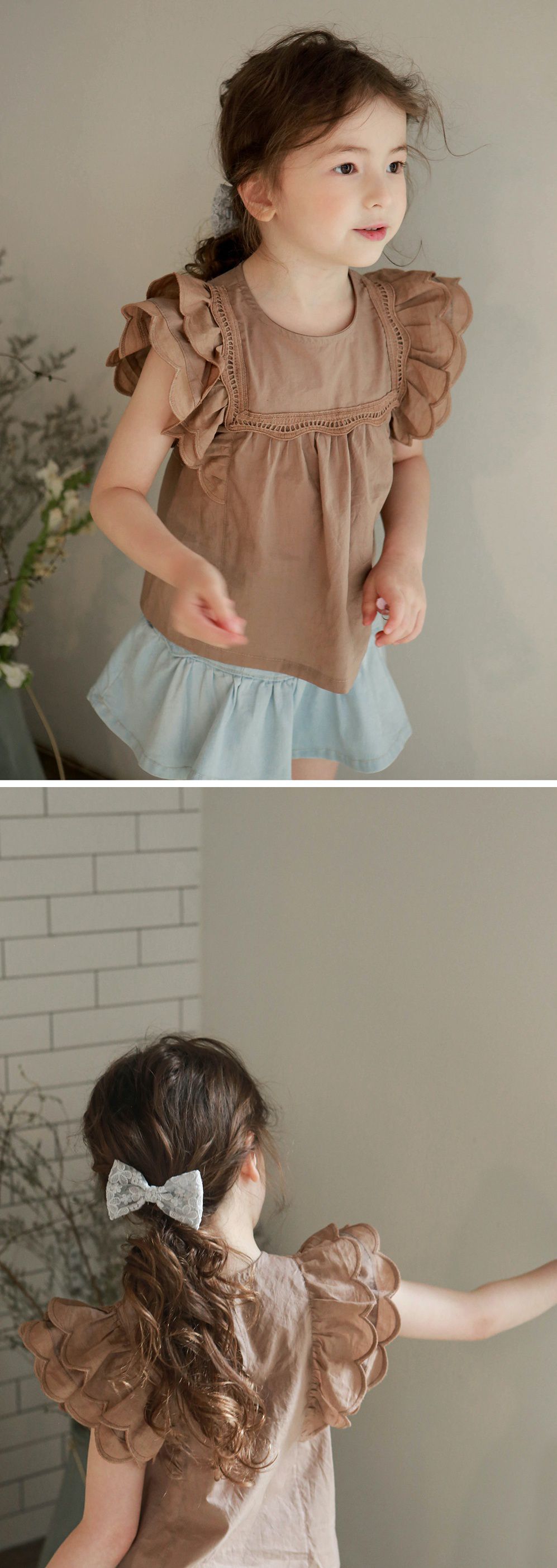 韓國 PuellaFLO - 蝴蝶狀荷葉袖上衣-摩卡