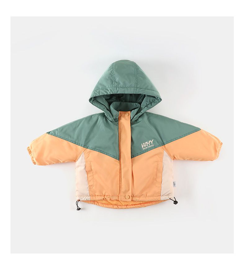 加厚連帽拼色羽絨外套-橘+綠