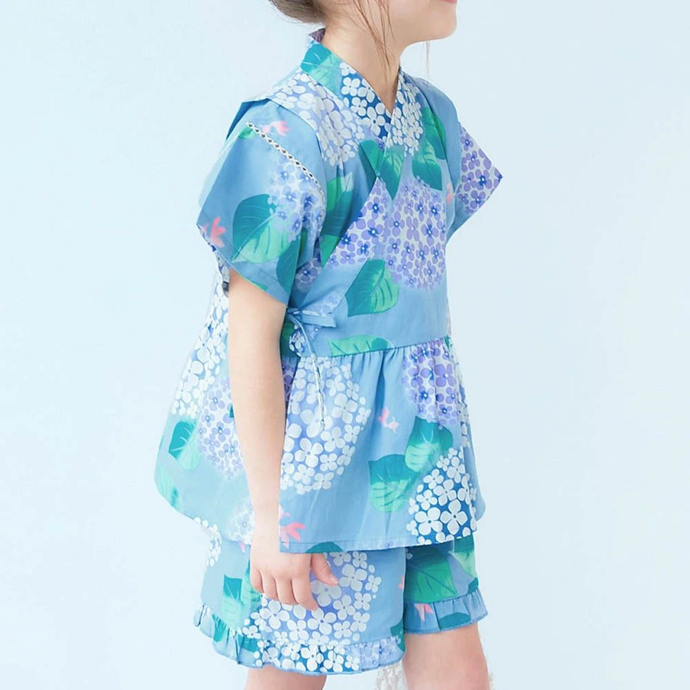 [推薦]夢幻女孩荷葉邊甚平套裝-繡球花-藍