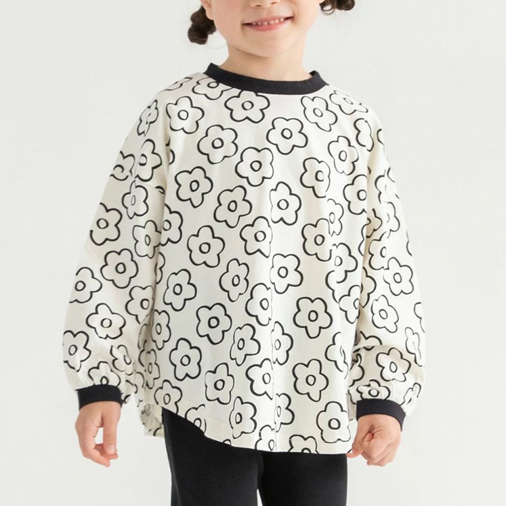 圓弧下擺舒適縮口長袖上衣-線條花朵-米白