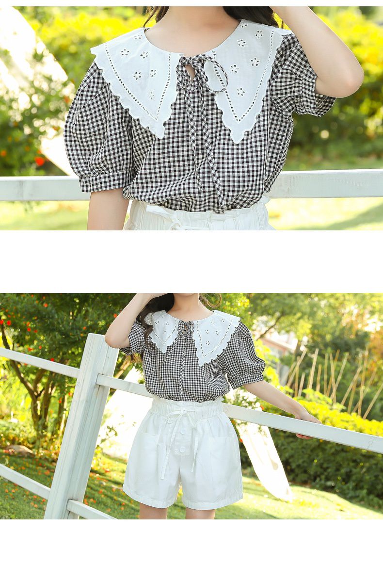 娃娃領短袖套裝-格紋上衣+花苞短褲-黑+白