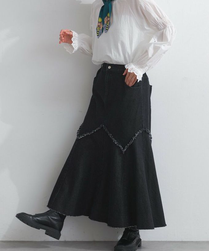 日本 Lupilien - 10oz修身V型魚尾丹寧長裙-黑