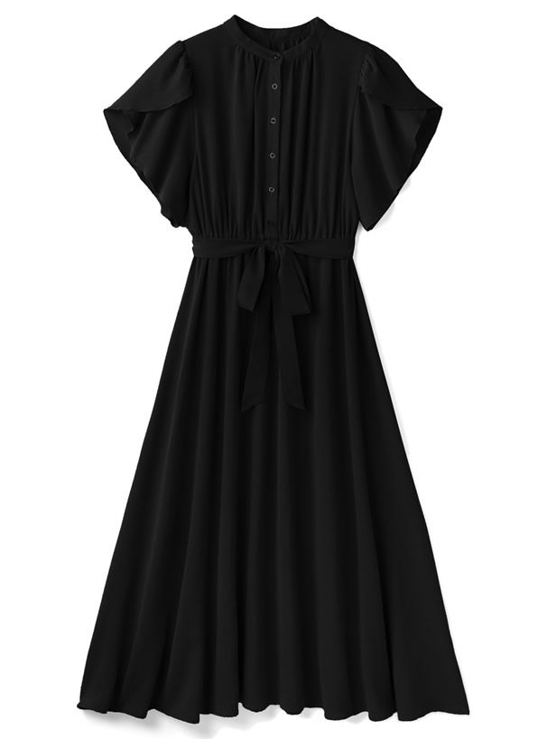 日本 GRL - 柔美綁帶花朵袖雪紡洋裝-冰河灰