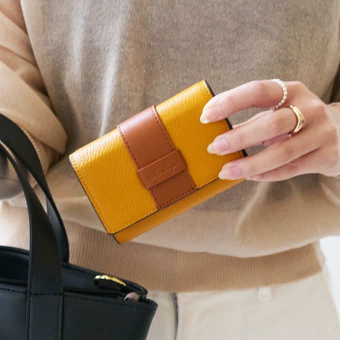 日本 LIZDAYS - 真皮迷你三折配色風琴短夾-黑x卡其