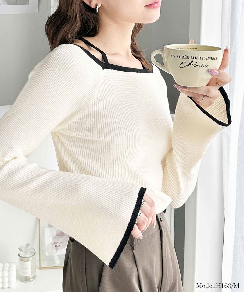 日本 Classical Elf - 氣質彈性微喇叭袖薄針織上衣-米杏