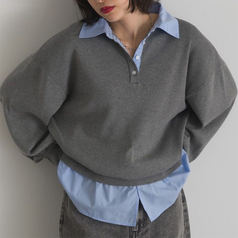 假二件襯衫領輕盈落肩長袖上衣-灰x藍