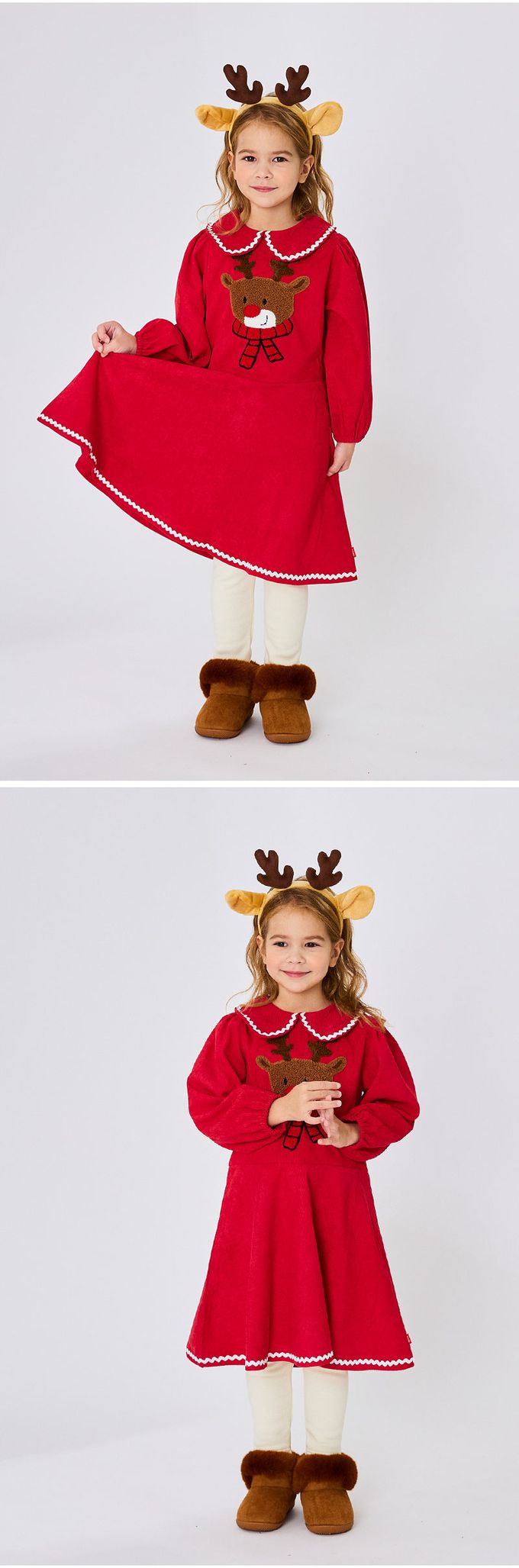 韓國 OZKIZ - 毛料馴鹿印燈芯絨洋裝/聖誕-紅