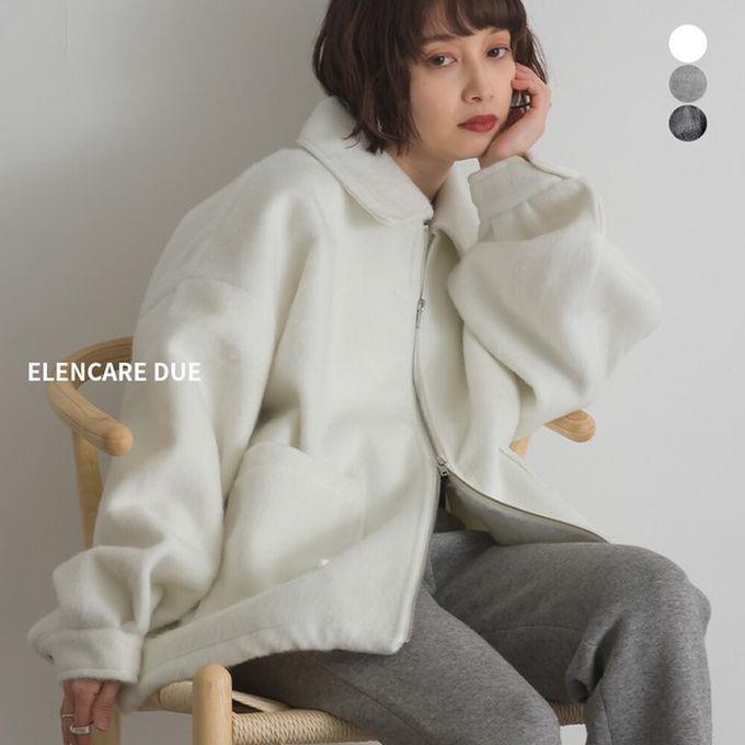 日本 ELENCARE DUE - 毛海感寬版雙拉鏈大口袋保暖外套-象牙白