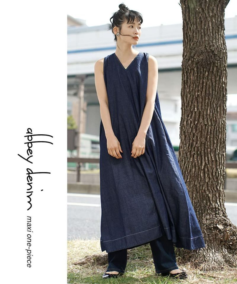 日本 zootie - 透氣丹寧V領無袖洋裝/背心裙-靛藍