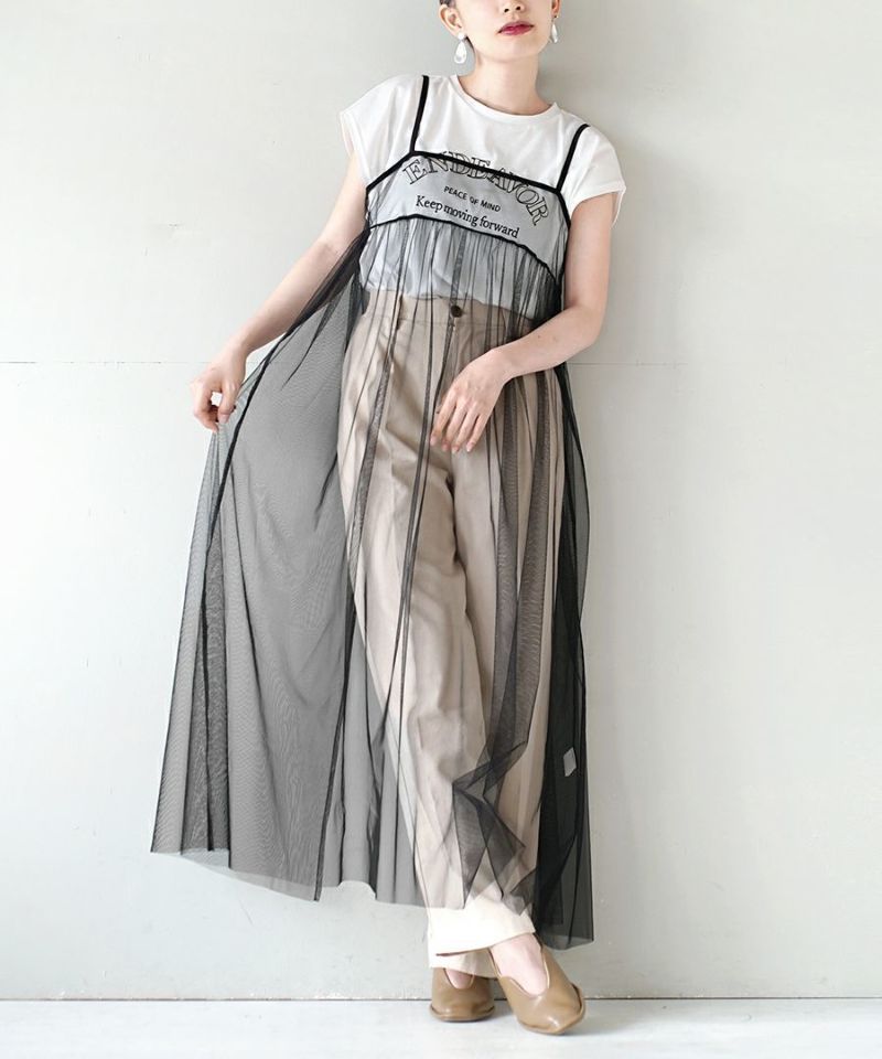 日本 zootie - 2WAY透膚薄紗外罩吊帶洋裝-米杏