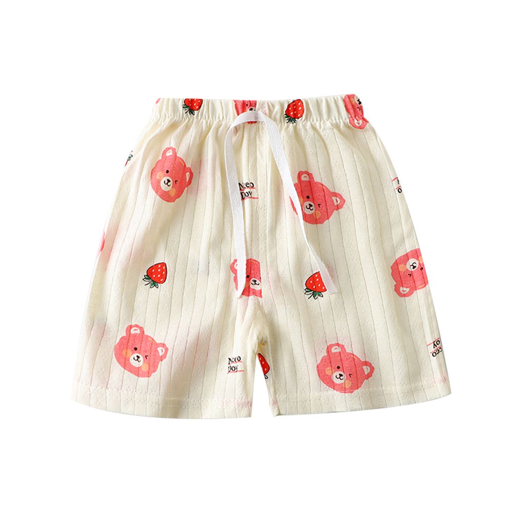 純棉短褲 兒童短褲 褲子可開檔換尿布-滿版-草莓熊頭