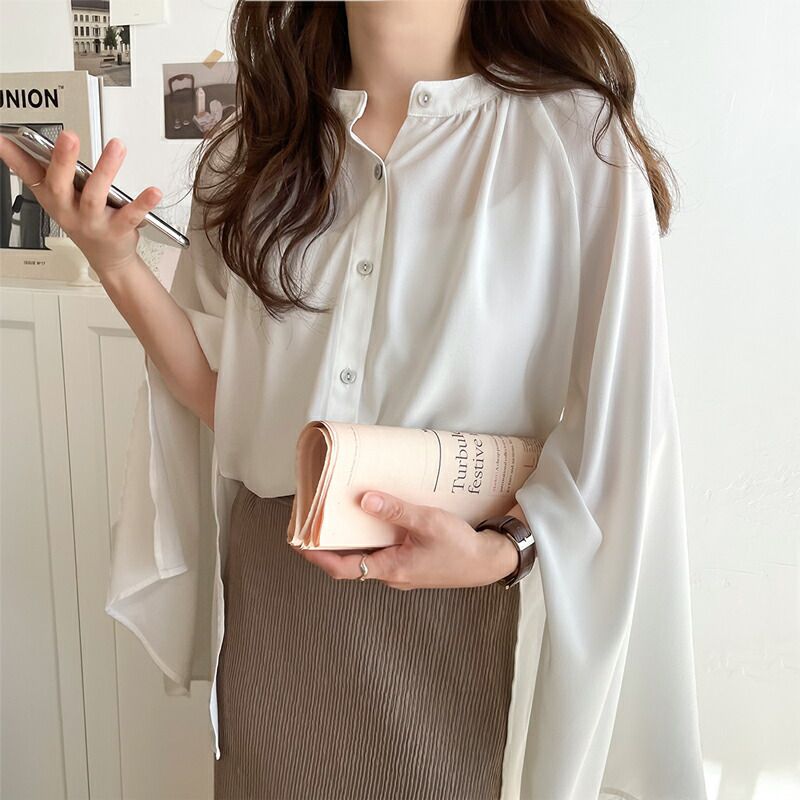 日本 Classical Elf - 優雅花園垂墜感開袖襯衫-奶油白