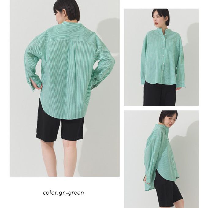 日本 OMNES - 純棉 俐落條紋寬鬆感立領襯衫-海軍藍