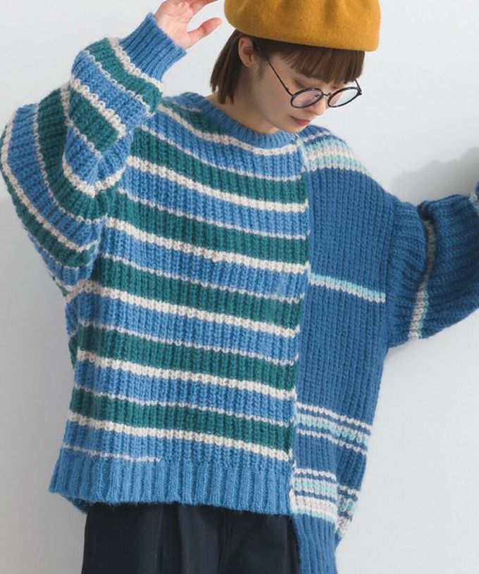日本 Lupilien - 交錯明亮撞色條紋粗編毛衣-綠x灰系