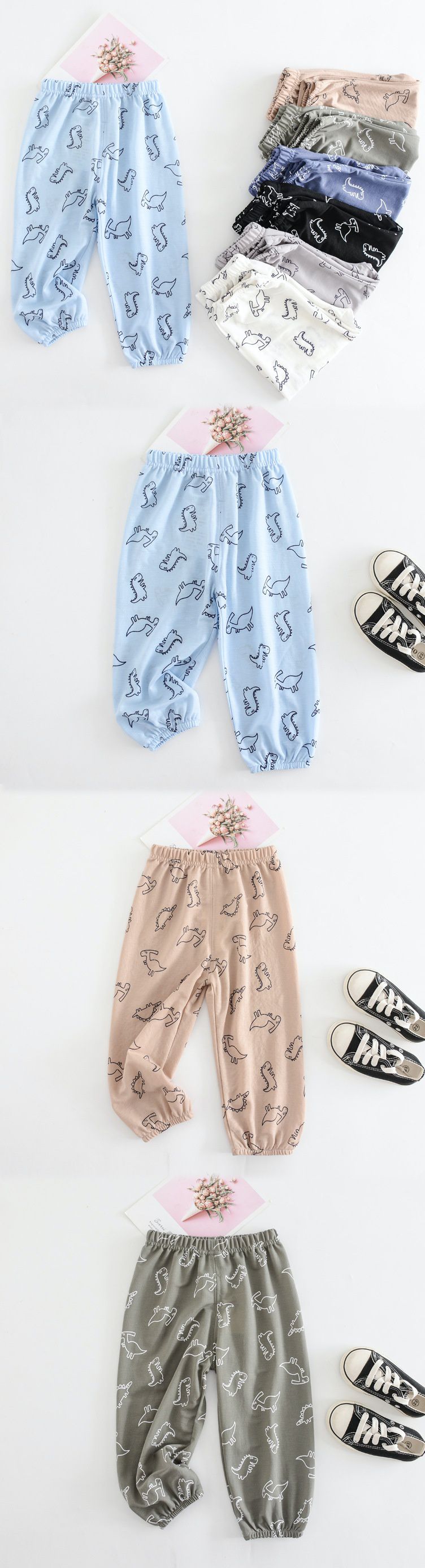 冰絲棉麻九分防蚊褲-可愛恐龍-淺藍色