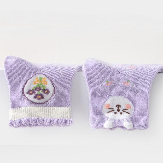 love, charlotte - 泡泡花邊花園小兔紫色網眼短筒棉襪-5 雙一組