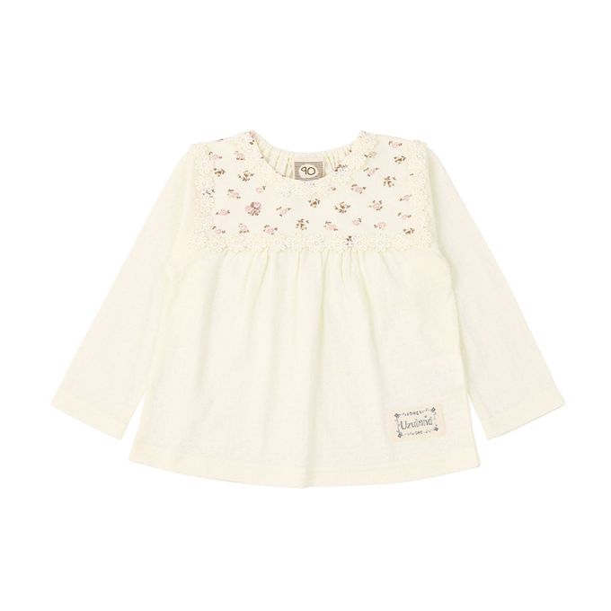 日本 ZOOLAND - 清新紋理假二件長袖上衣-撞色花朵-淺卡其