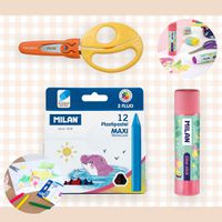 MILAN - 學童美勞用品組-口袋型無毒粗款蠟筆(12色)+小瓢蟲學童安全可攜式剪刀(含刀柄套)+兒童專用變色口紅膠_魔法仙子