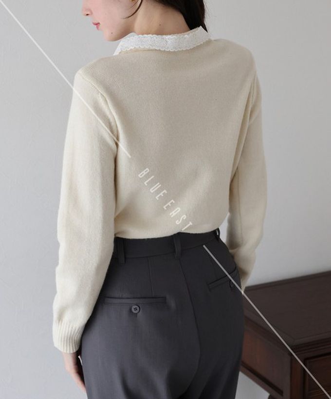 日本 BLUE EAST - 少女爛漫蕾絲蝴蝶結開襟衫-米杏