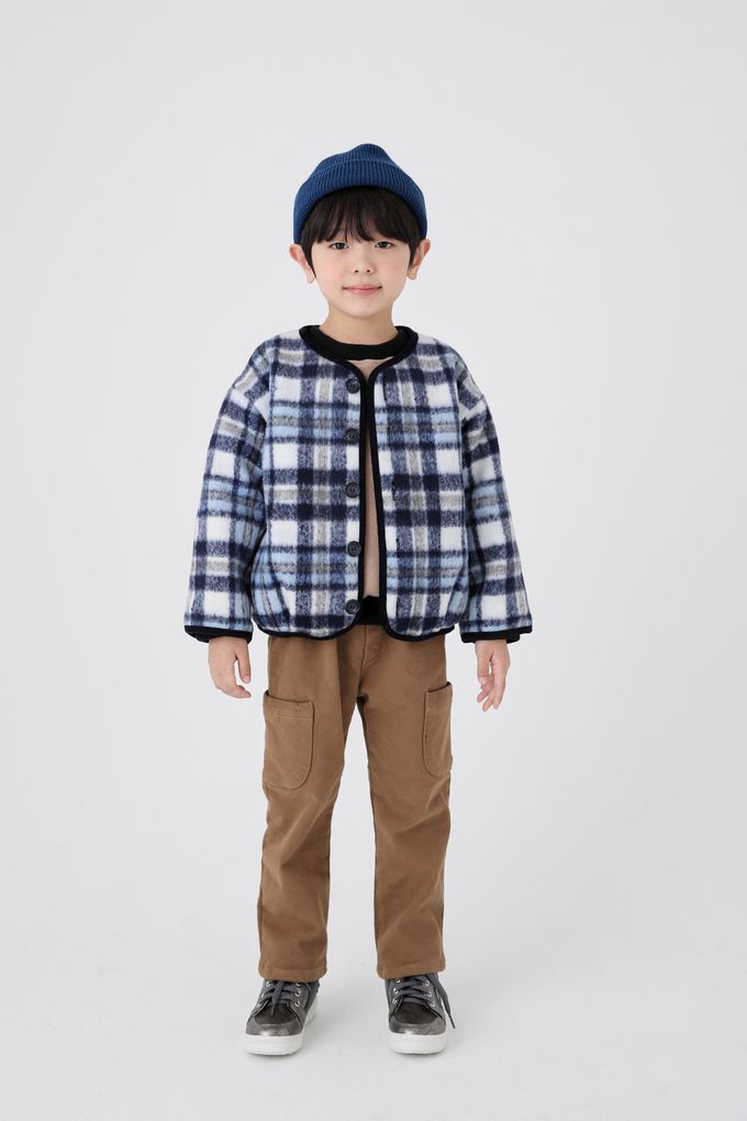 韓國 Coco Bang - 格紋毛呢感無領鈕扣外套-棕X深藍