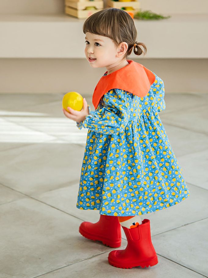 韓國 Pimpollo - 滿版花紋撞色翻領連身洋裝-藍