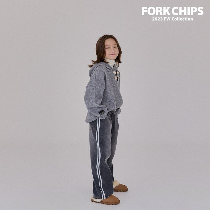 韓國 FORK CHIPS - (內磨毛)鬆緊腰雙線條點綴牛仔長褲-黑灰